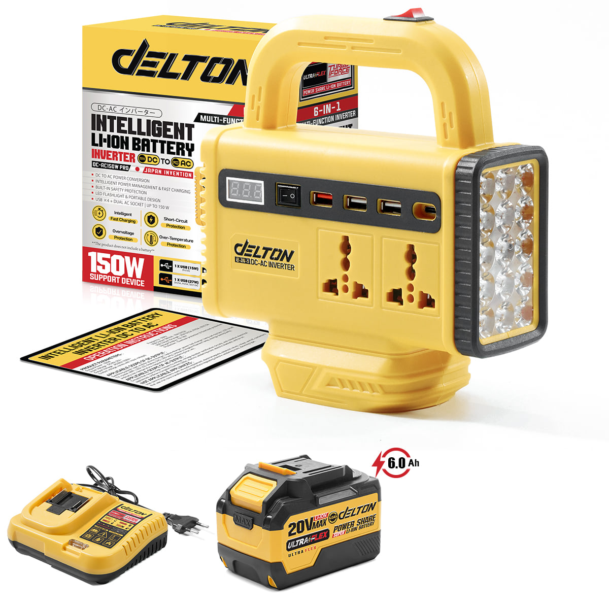 เครื่องแปลงไฟ (พร้อมแบตเตอรี่) DELTON รุ่น DC-AC150W-PRO ULTRAFLEX 20V 6AH_1